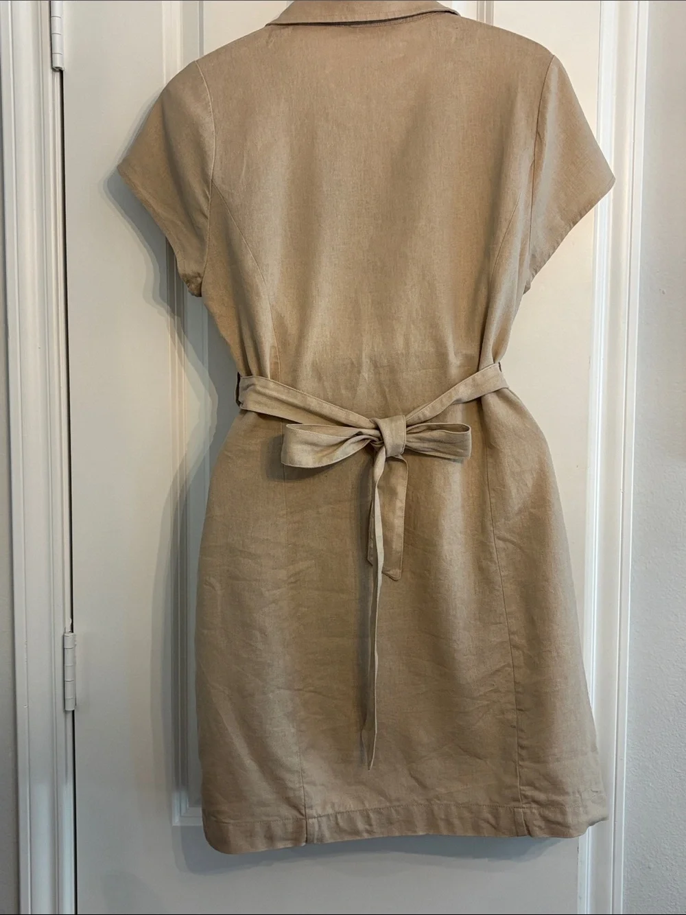 Love Tree Beige Short-Sleeve Collared Linen Blend Button Up Dress with Belt. S